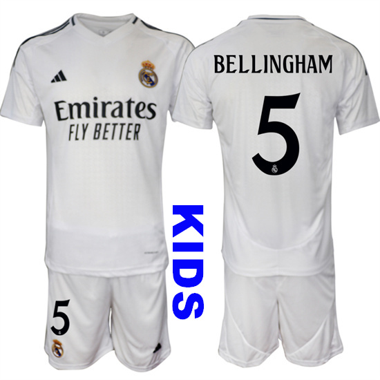 Youth Real Madrid #5 BELLINGHAM 2024-25 White Home Kids Soccer Suit Jersey