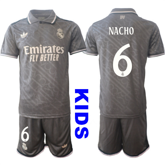 Youth Real Madrid #6 NACHO 2024-25 Grey Away 2nd Kids Soccer Suit Jersey