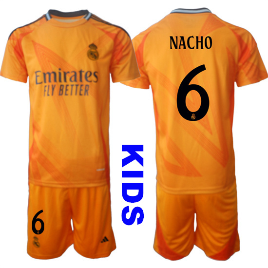 Youth Real Madrid #6 NACHO 2024-25 Orange Away Kids Soccer Suit Jersey