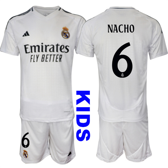 Youth Real Madrid #6 NACHO 2024-25 White Home Kids Soccer Suit Jersey