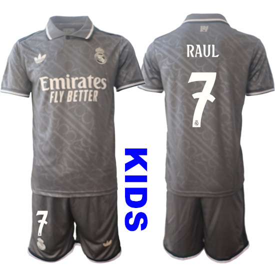 Youth Real Madrid #7 RAUL 2024-25 Grey Away 2nd Kids Soccer Suit Jersey