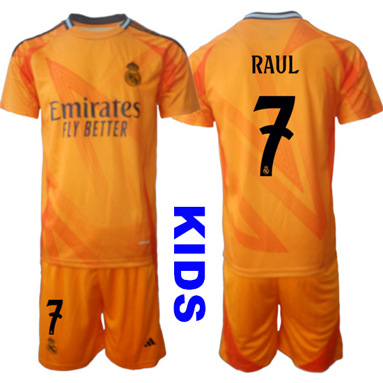 Youth Real Madrid #7 RAUL 2024-25 Orange Away Kids Soccer Suit Jersey