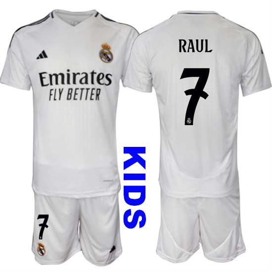 Youth Real Madrid #7 RAUL 2024-25 White Home Kids Soccer Suit Jersey