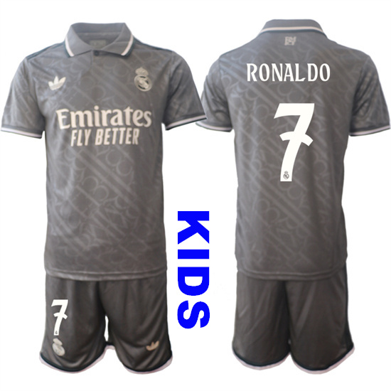 Youth Real Madrid #7 RONALDO 2024-25 Grey Away 2nd Kids Soccer Suit Jersey