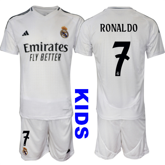 Youth Real Madrid #7 RONALDO 2024-25 White Home Kids Soccer Suit Jersey