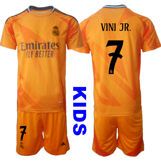 Youth Real Madrid #7 VINI JR. 2024-25 Orange Away Kids Soccer Suit Jersey