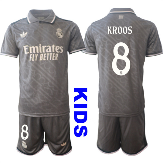 Youth Real Madrid #8 KROOS 2024-25 Grey Away 2nd Kids Soccer Suit Jersey
