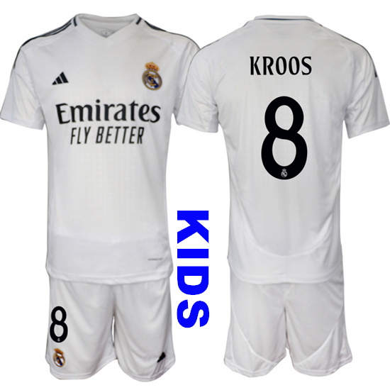 Youth Real Madrid #8 KROOS 2024-25 White Home Kids Soccer Suit Jersey