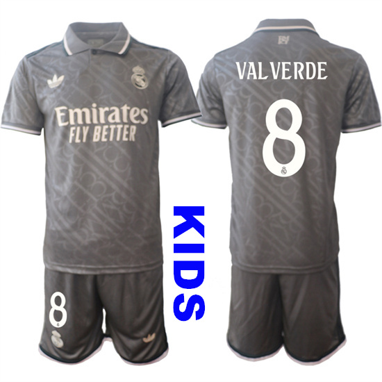 Youth Real Madrid #8 VAL VERDE 2024-25 Grey Away 2nd Kids Soccer Suit Jersey