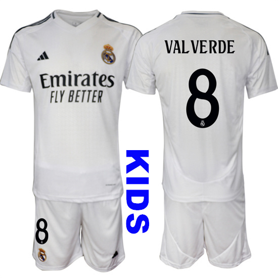 Youth Real Madrid #8 VAL VERDE 2024-25 White Home Kids Soccer Suit Jersey