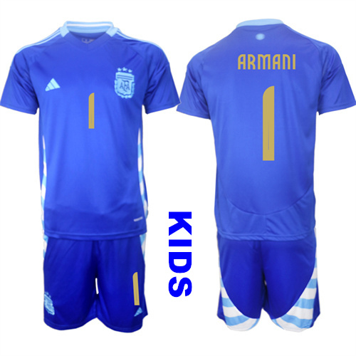 Youth Argentina #1 ARMANI 2024-25 Away Blue Kids Soccer Suit Jersey