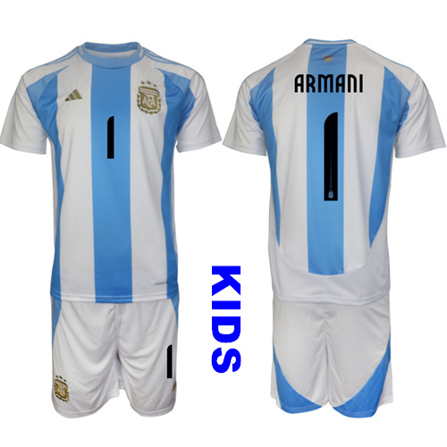 Youth Argentina #1 ARMANI 2024-25 Home Kids Soccer Suit Jersey