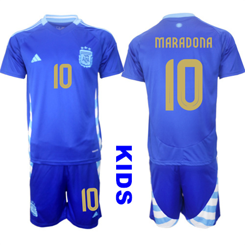 Youth Argentina #10 MARADONA 2024-25 Away Blue Kids Soccer Suit Jersey