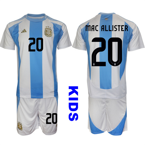Youth Argentina #20 MAC ALLISTER 2024-25 Home Kids Soccer Suit Jersey
