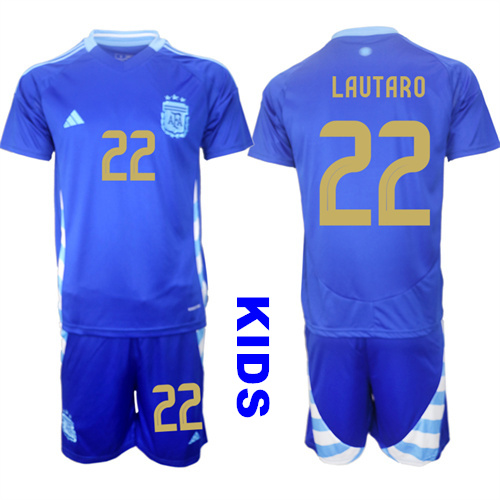 Youth Argentina #22 LAUTARO 2024-25 Away Blue Kids Soccer Suit Jersey
