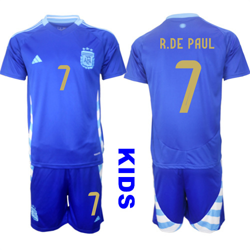 Youth Argentina #7 R.DE PAUL 2024-25 Away Blue Kids Soccer Suit Jersey