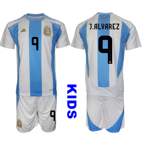 Youth Argentina #9 J.ALVAREZ 2024-25 Home Kids Soccer Suit Jersey