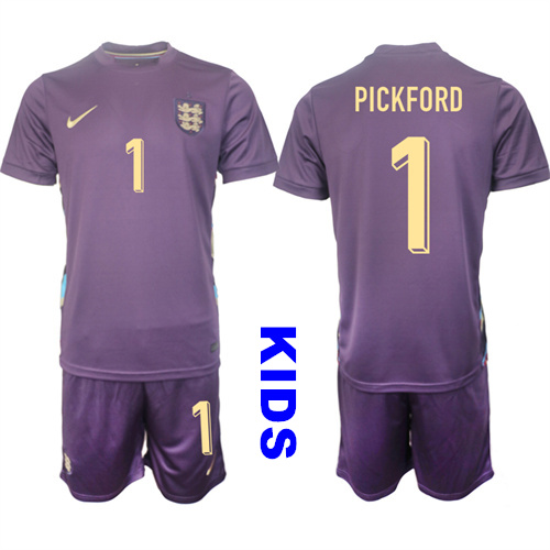 Youth England #1 PICKFORD 2024-25 Away Kids Soccer Suit Jersey