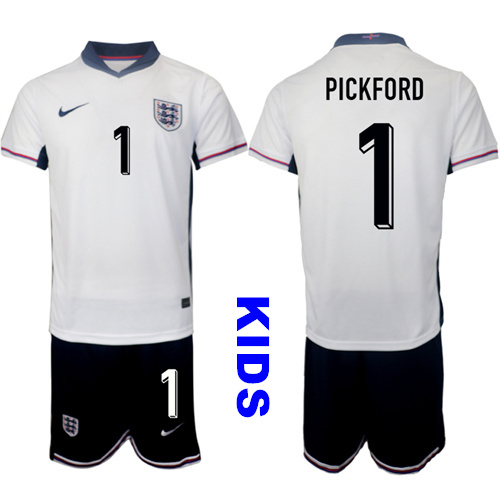 Youth England #1 PICKFORD 2024-25 Home Kids Soccer Suit Jersey