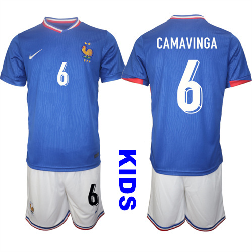Youth France #6 CAMAVINGA 2024-25 Home Kids Soccer Suit Jersey