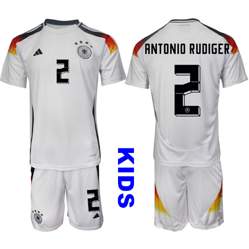 Youth Germany #2 ANTONIO RUDIGER 2024-25 Home White Kids Soccer Suit Jersey