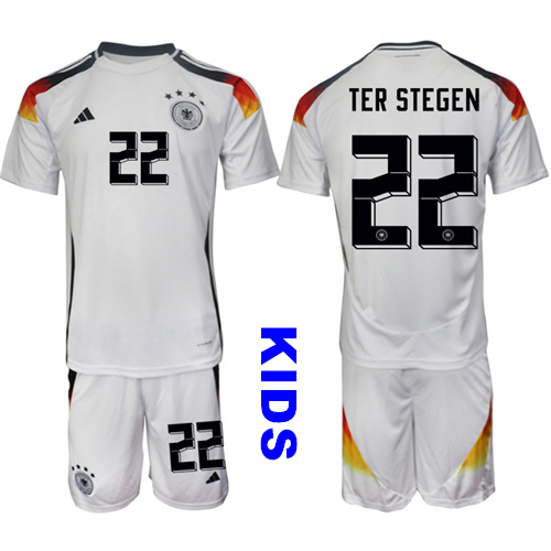 Youth Germany #22 TER STEGEN  2024-25 Home White Kids Soccer Suit Jersey