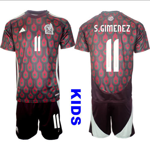 Youth Mexico #11 S.GIMENEZ 2024-25 Home Kids Soccer Suit Jersey
