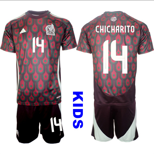 Youth Mexico #14 CHICHARITO 2024-25 Home Kids Soccer Suit Jersey
