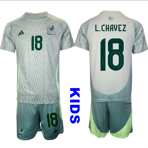 Youth Mexico #18 L.CHAVEZ 2024-25 Away Kids Soccer Suit Jersey