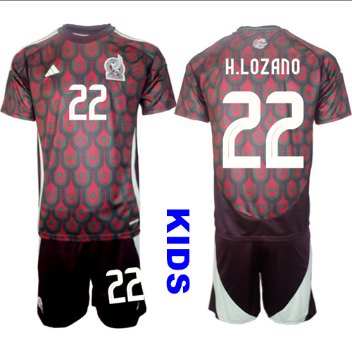 Youth Mexico #22 H.LOZANO 2024-25 Home Kids Soccer Suit Jersey