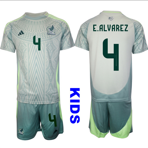 Youth Mexico #4 E.ALVAREZ 2024-25 Away Kids Soccer Suit Jersey