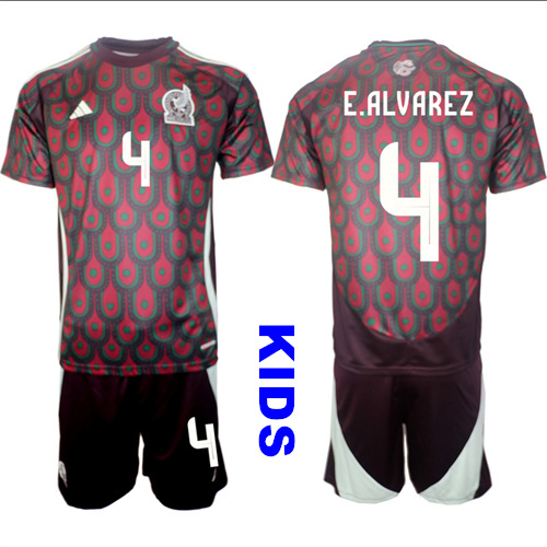 Youth Mexico #4 E.ALVAREZ 2024-25 Home Kids Soccer Suit Jersey