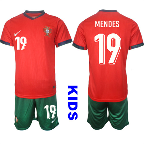 Youth Portugal #19 MENDES 2024-25 Home Kids Soccer Suit Jersey