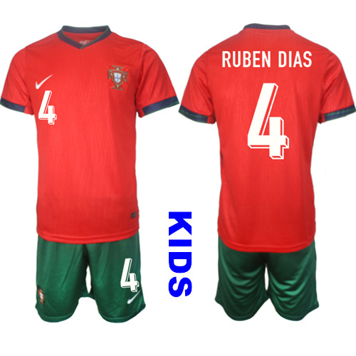 Youth Portugal #4 RUBEN DIAS 2024-25 Home Kids Soccer Suit Jersey