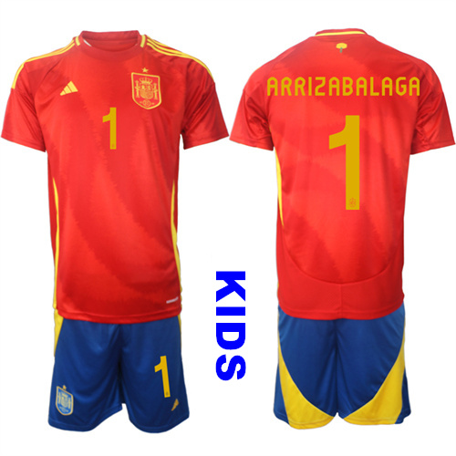 Youth Spain #1 ARRIZABALAGA 2024-25 Home Kids Soccer Suit Jersey