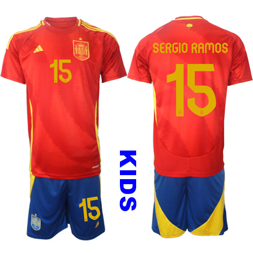 Youth Spain #15 SERGIO RAMOS 2024-25 Home Kids Soccer Suit Jersey