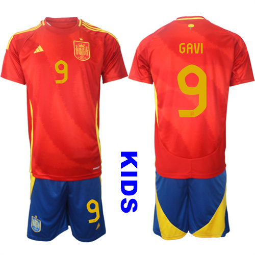 Youth Spain #9 GAVI 2024-25 Home Kids Soccer Suit Jersey
