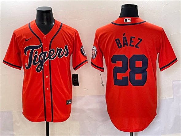 Men's Detroit Tigers #28 Javier Báez Orange With Patch Cool Base Stitched Baseball Jersey