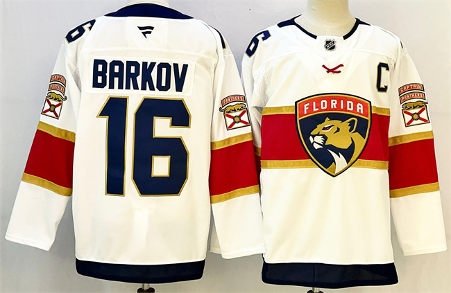 Men's Florida Panthers #16 Aleksander Barkov White 2024-25 Home With C Patch Stitched Hockey Jersey