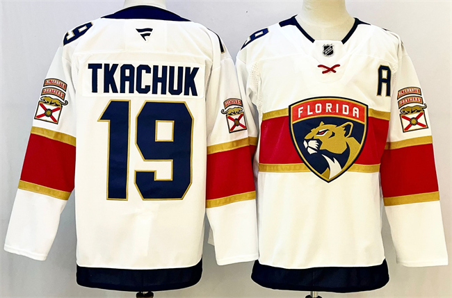 Men's Florida Panthers #19 Matthew Tkachuk White 2024-25 Home With A Patch Stitched Hockey Jersey
