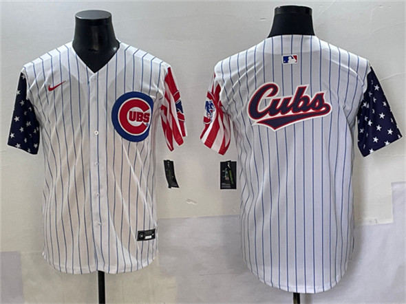 Men's Chicago Cubs Team Big Logo White Pinstripe 2025 Independence Day Vapor Premier Limited Stitched Baseball Jersey