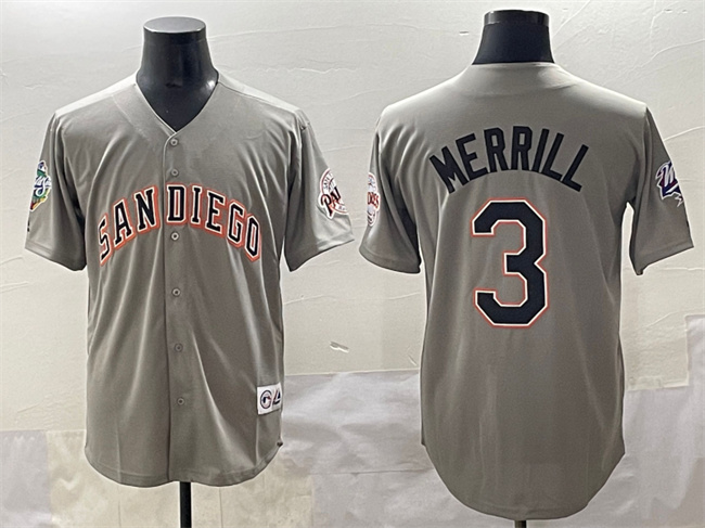 Men's San Diego Padres #3 Jackson Merrill Gray Fashion Throwback With Patch Cool Base Stitched Jersey
