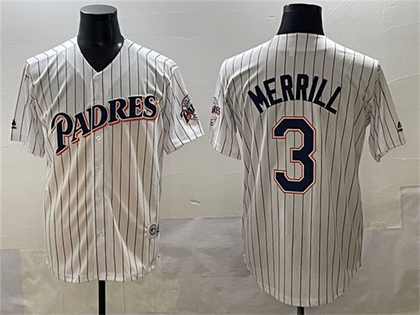 Men's San Diego Padres #3 Jackson Merrill White Throwback With Patch Cool Base Stitched Baseball Jersey