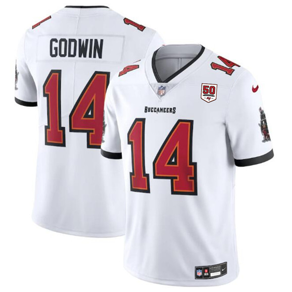 Men's Tampa Bay Buccaneers #14 Chris Godwin White 2025 50th Season patch Vapor Untouchable Limited Football Stitched Jersey