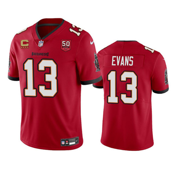 Men's Tampa Bay Buccaneers #13 Mike Evans Red 2025 50th Anniversary Patch And 4-Star C Patch Vapor Untouchable Limited Football Stitched Jersey