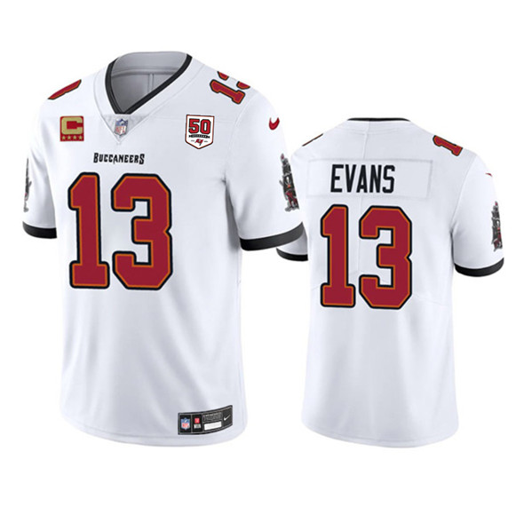 Men's Tampa Bay Buccaneers #13 Mike Evans White 2025 50th Anniversary Patch And 4-Star C Patch Vapor Untouchable Limited Football Stitched Jersey