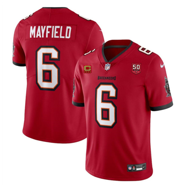 Men's Tampa Bay Buccaneers #6 Baker Mayfield Red 2025 50th Anniversary Patch And 4-Star C Patch Vapor Untouchable Limited Football Stitched Jersey