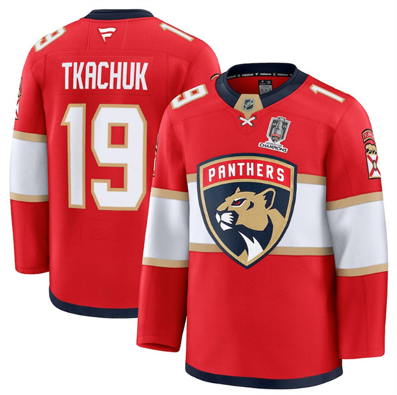 Men's Florida Panthers #19 Matthew Tkachuk Red Home 2025 Stanley Cup Champions Patch Stitched Hockey Jersey