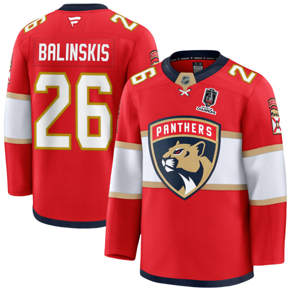 Men's Florida Panthers #26 Uvis Balinskis Red Home 2025 Stanley Cup Champions Patch Stitched Jersey