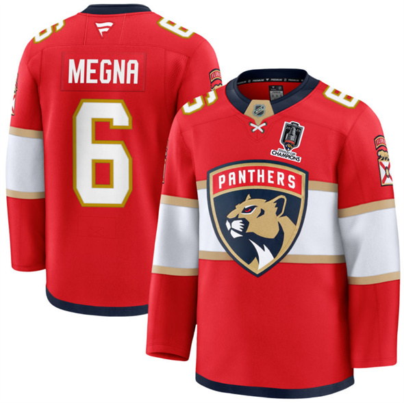 Men's Florida Panthers #6 Jaycob Megna Red Home 2025 Stanley Cup Champions Patch Stitched Jersey